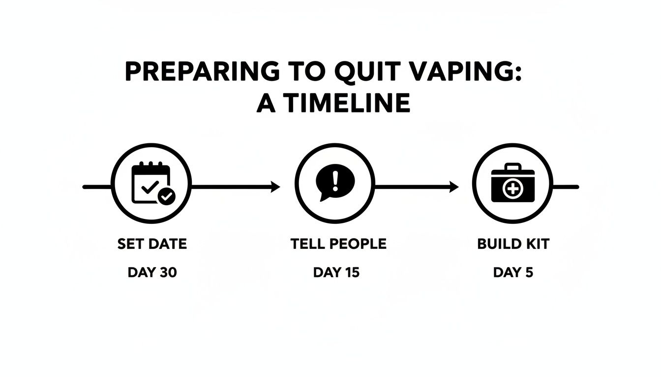 A preparation timeline showing three steps for quitting vaping: Set Date, Tell People, and Build Kit.