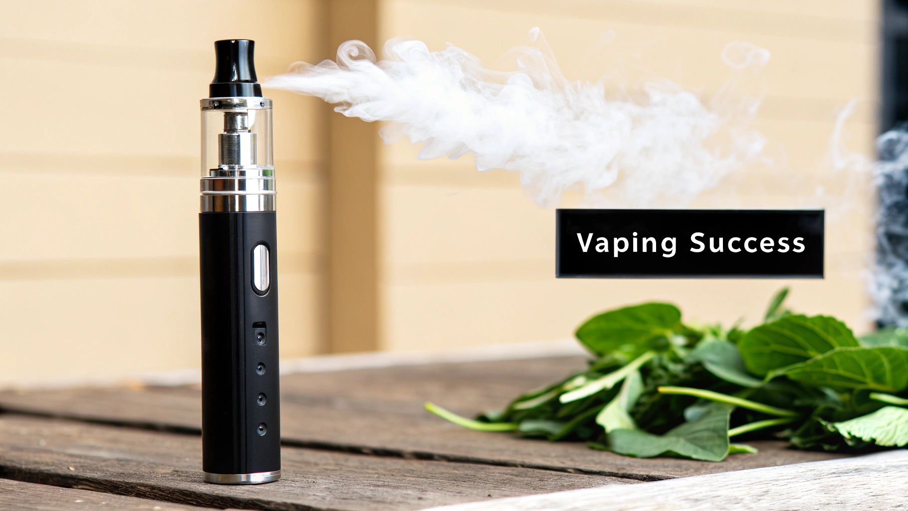 A person holding a vape device outdoors, representing a modern quit smoking aid.