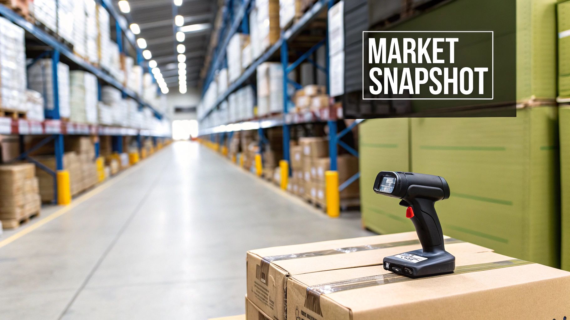 A barcode scanner on cardboard boxes in a long warehouse aisle with stacked shelves and a 'Market Snapshot' overlay.