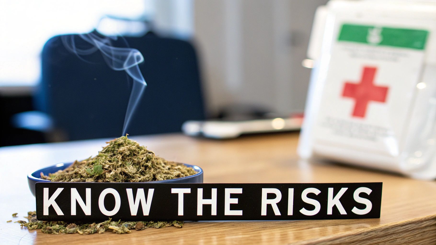 Dried herbal smoking blend on table with first aid kit and medical warning about health risks