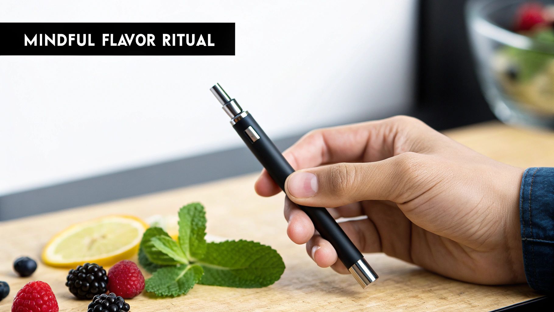 A hand holds a black vape pen on a wooden board with fresh berries, lemon, and mint, promoting a mindful flavor ritual.
