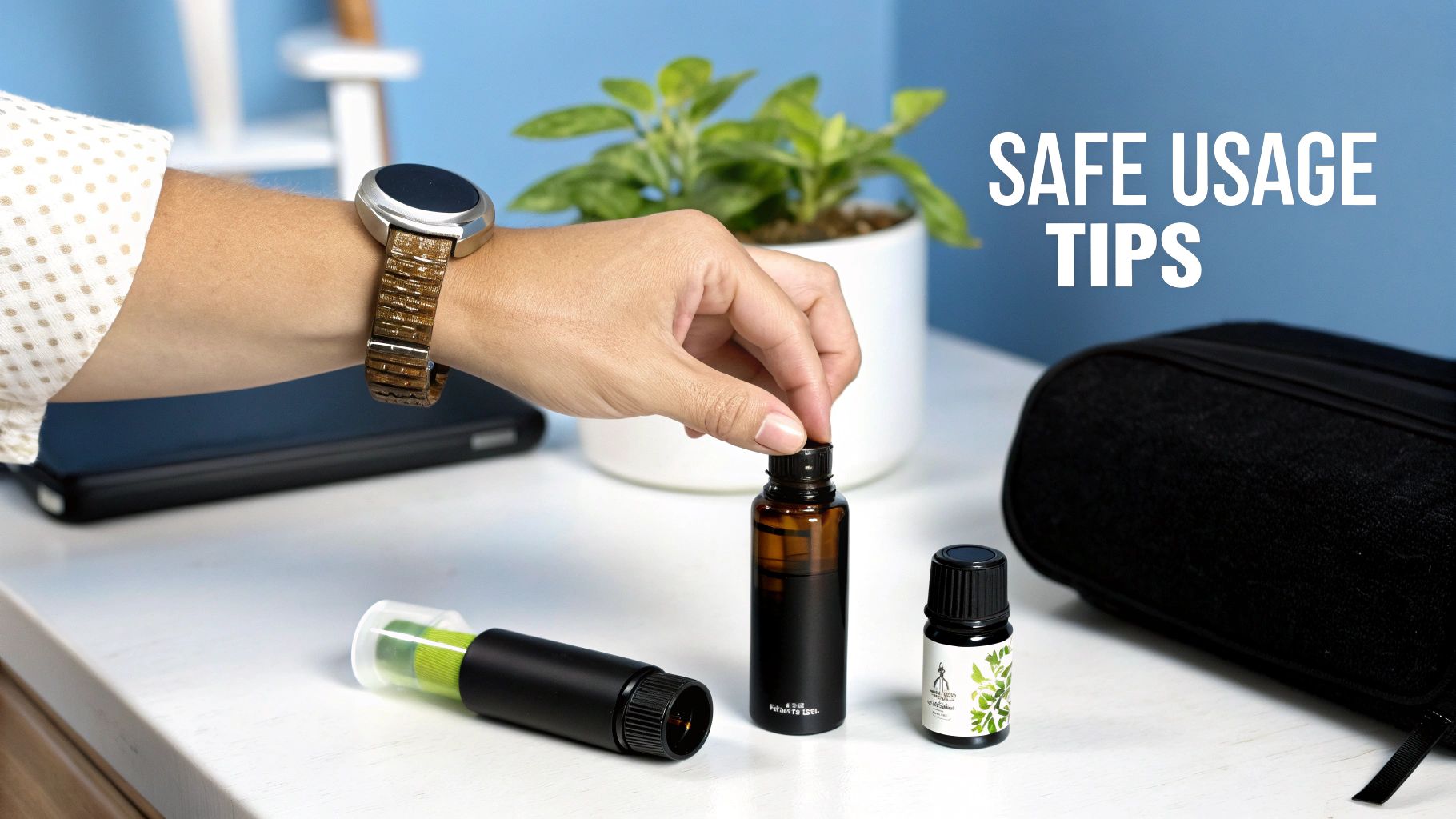 A person adding drops of essential oil into a carrier oil in a small bowl, with an aromatherapy rollerball nearby.