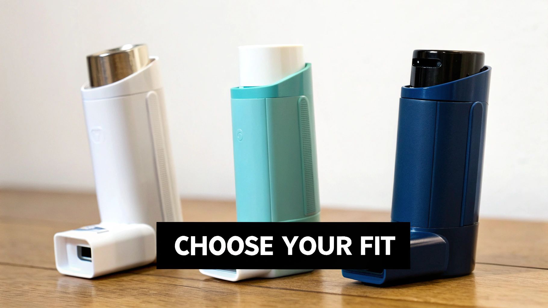 Three colorful modern inhalers (white, teal, blue) stand on a wooden table with 'CHOOSE YOUR FIT' text.