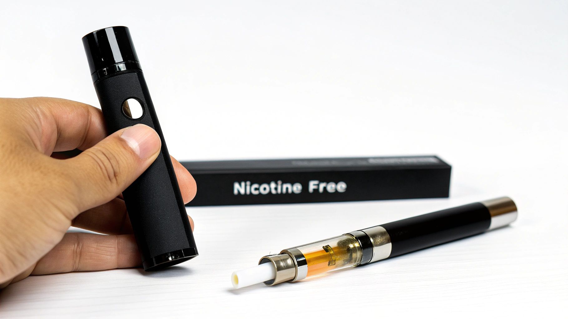 A hand holds a black vape pen next to another, showing amber liquid, with a 'Nicotine Free' box.