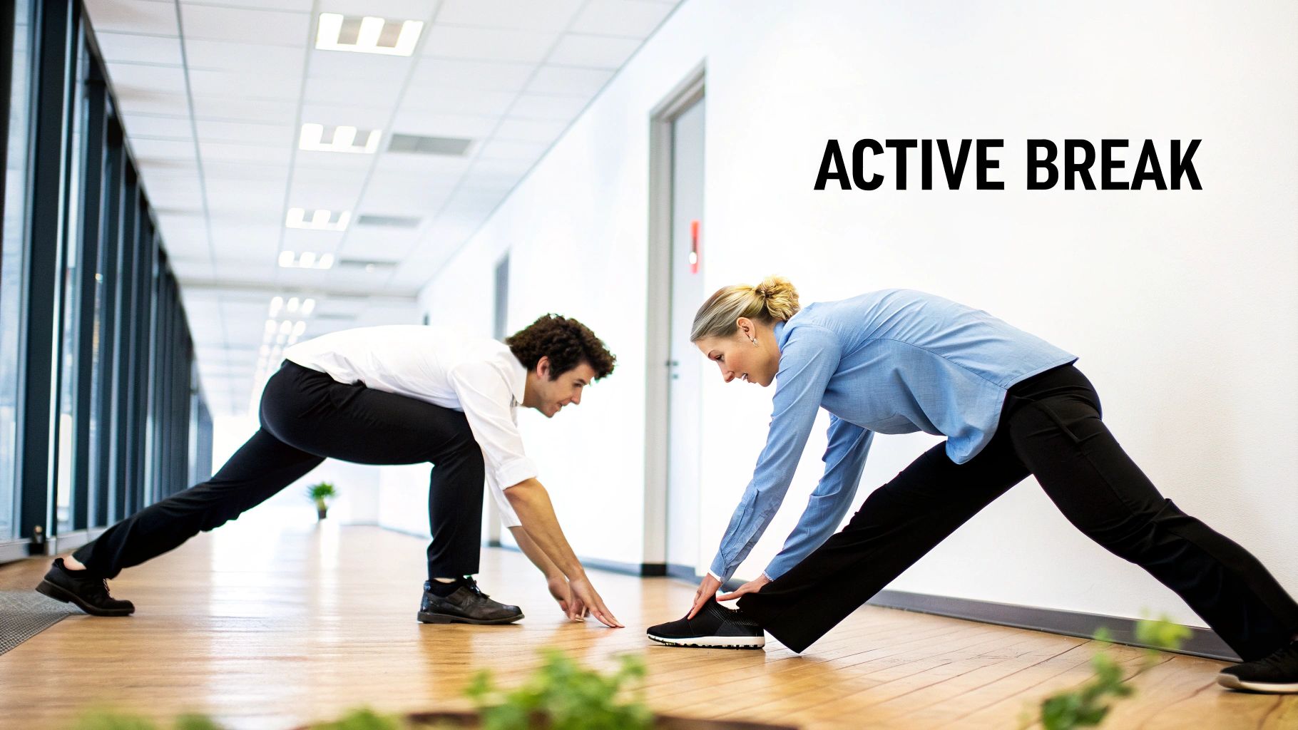 Two business professionals doing stretching exercises in modern office hallway during active break
