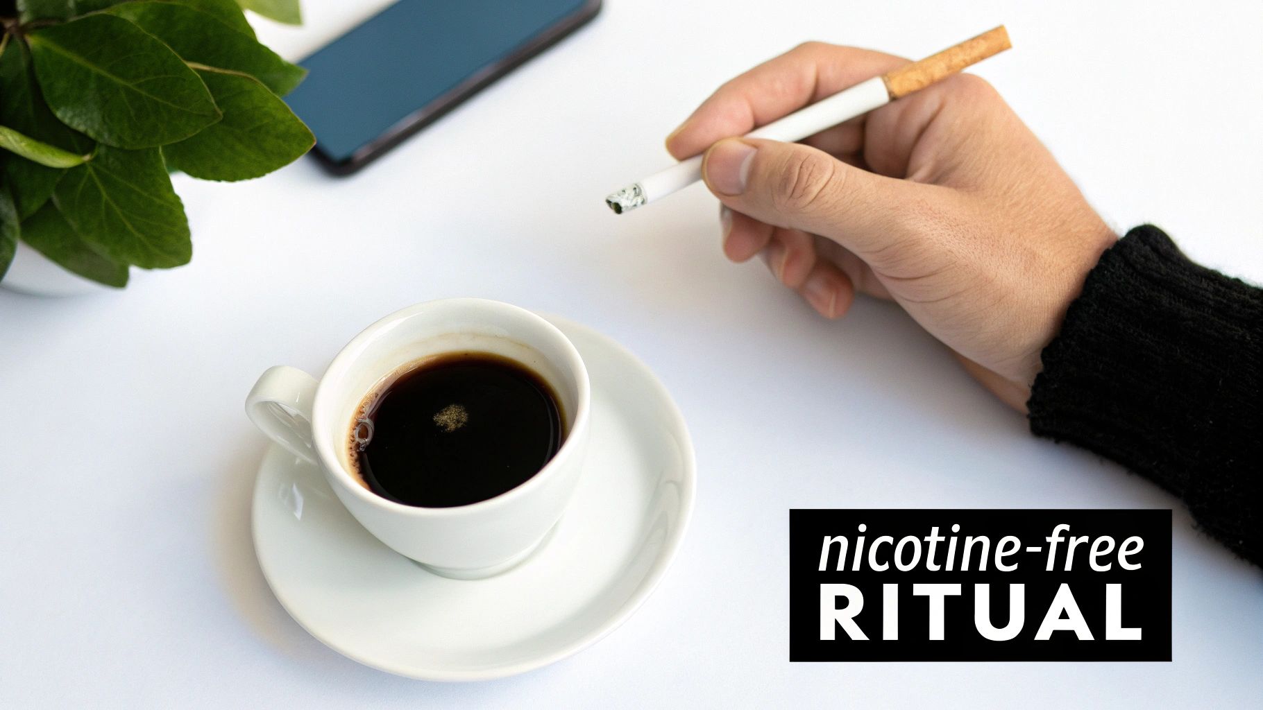 A person's hand holds a fake cigarette next to a coffee cup, depicting a nicotine-free ritual.