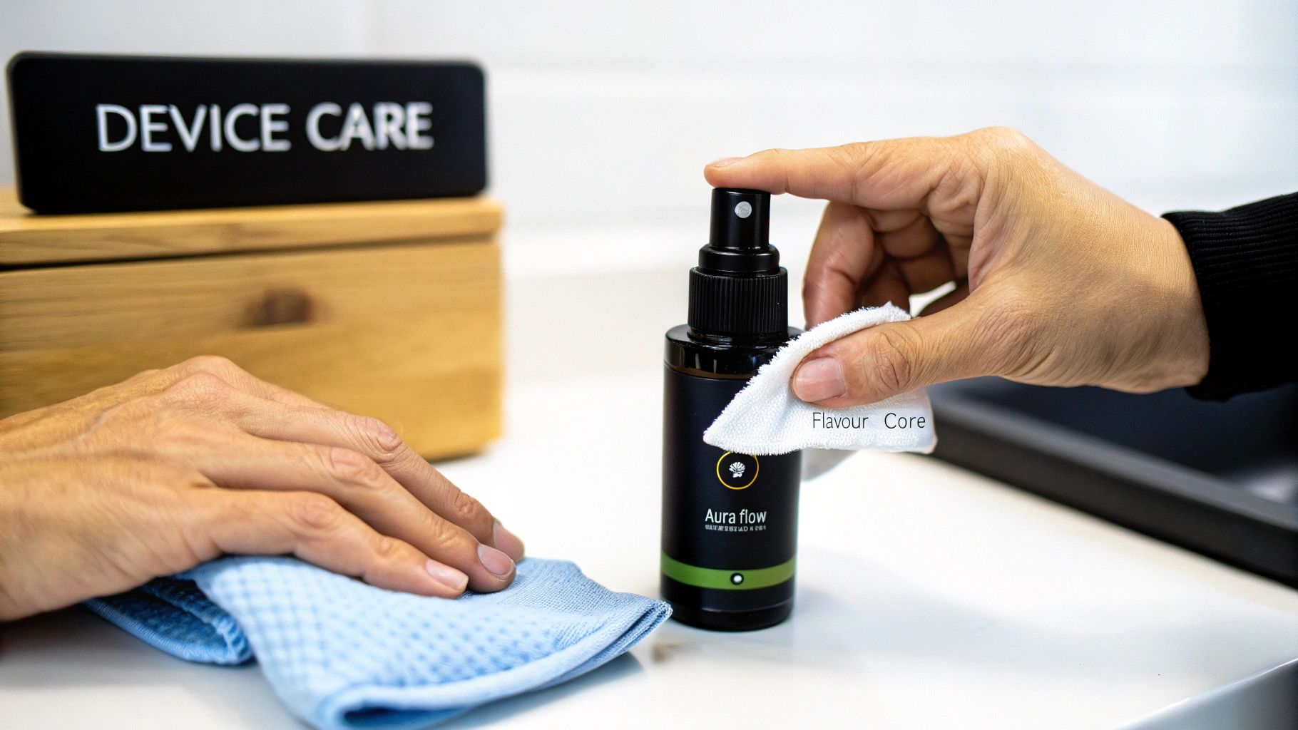 Hands cleaning a device with a spray bottle, microfibre cloths, and a 'DEVICE CARE' sign.