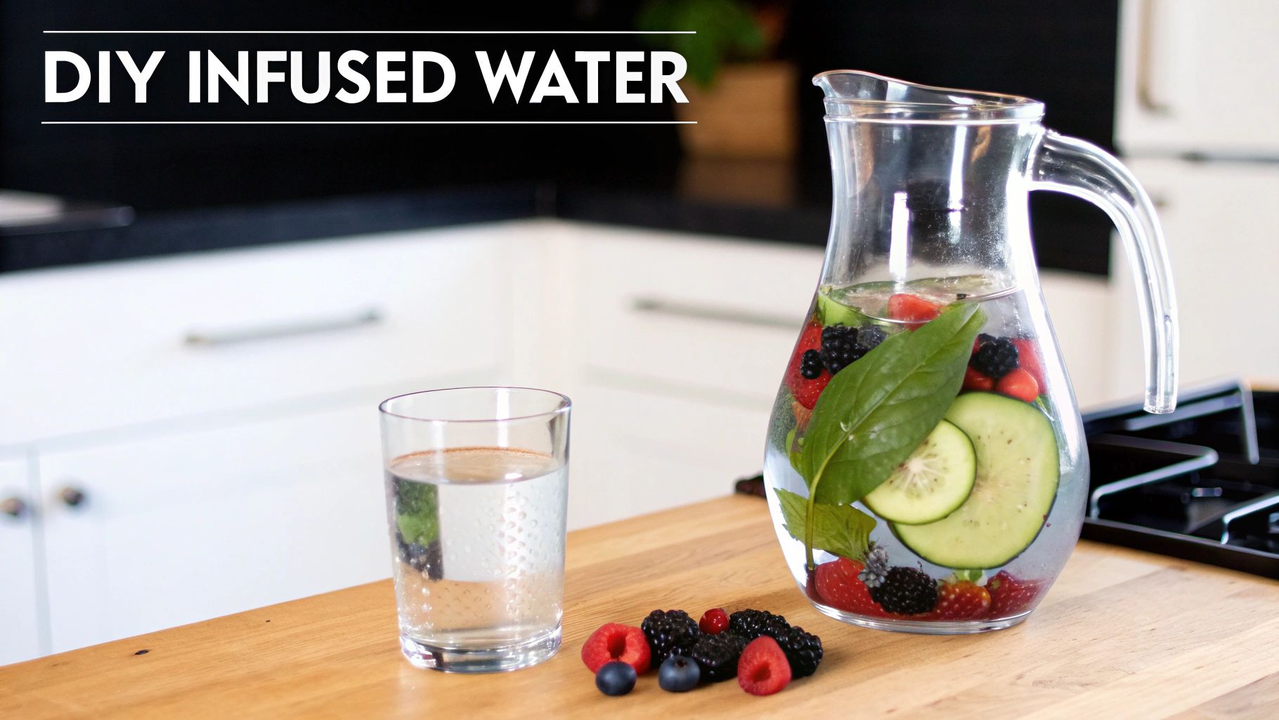 A pitcher of homemade infused water with berries, cucumber, and mint, next to a glass of water.
