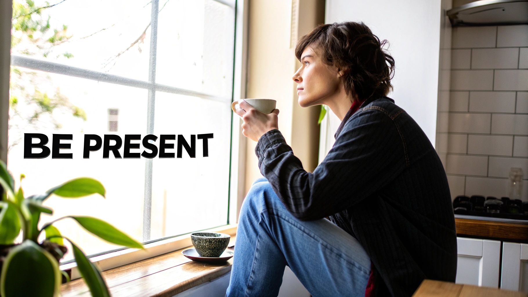 A thoughtful person sips from a cup while gazing out a window with "BE PRESENT" text.