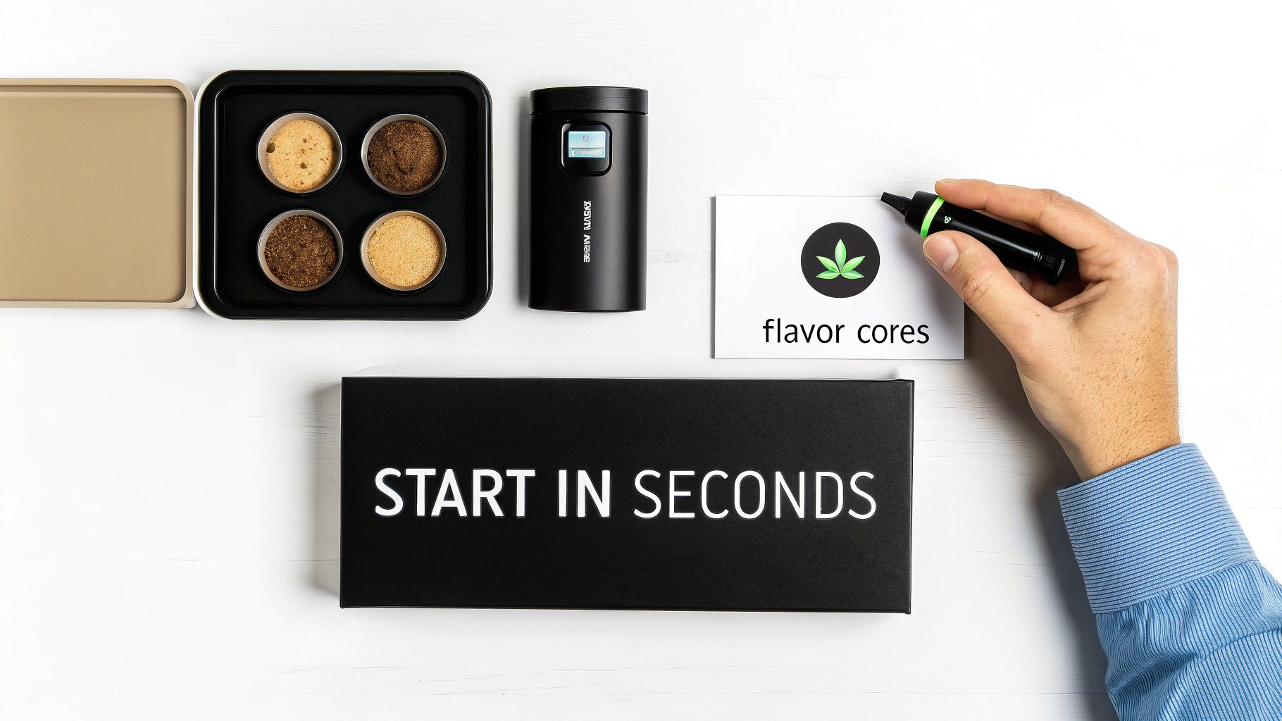 Flat lay showing a black aroma device, flavor cores in metal cups, and a 'START IN SECONDS' box.