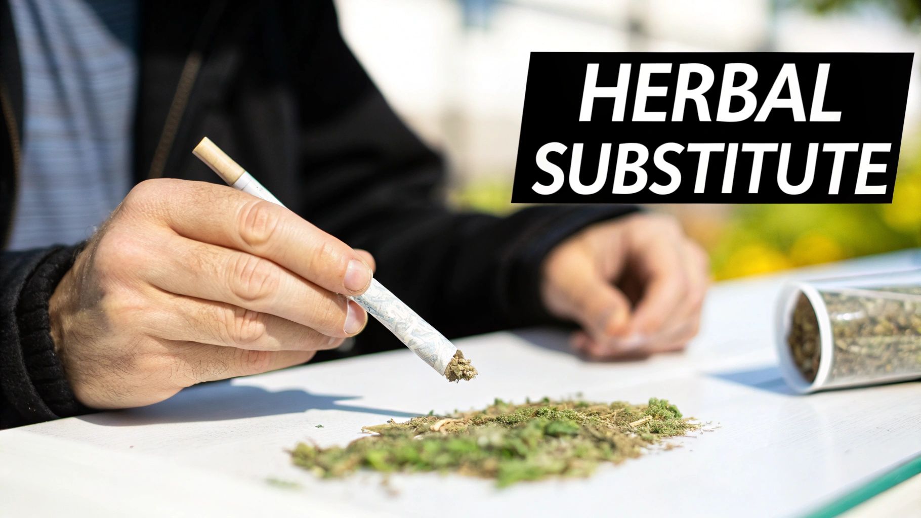 A person's hands fill a cigarette with dried green herbs on a white table, labeled 'Herbal Substitute'.