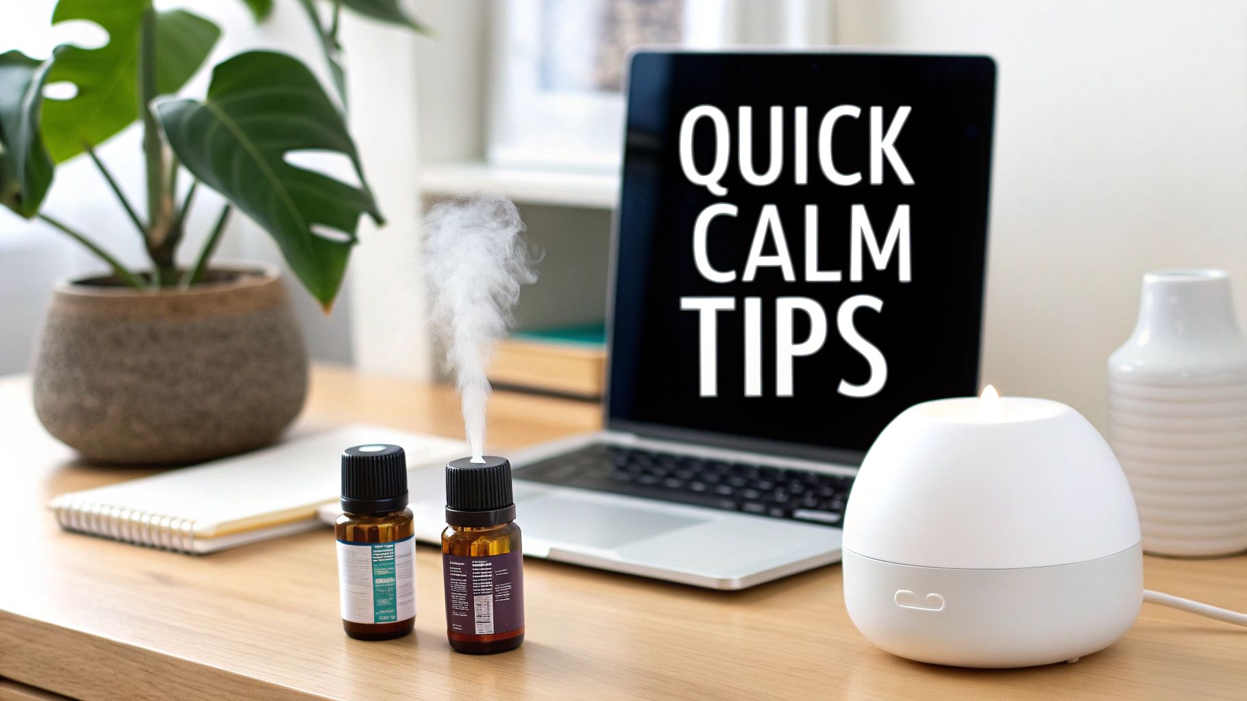 A selection of five essential oils in amber bottles and fresh botanicals