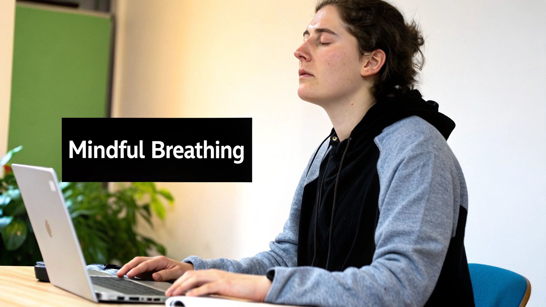 A person sitting calmly with their eyes closed, practising a breathing technique.