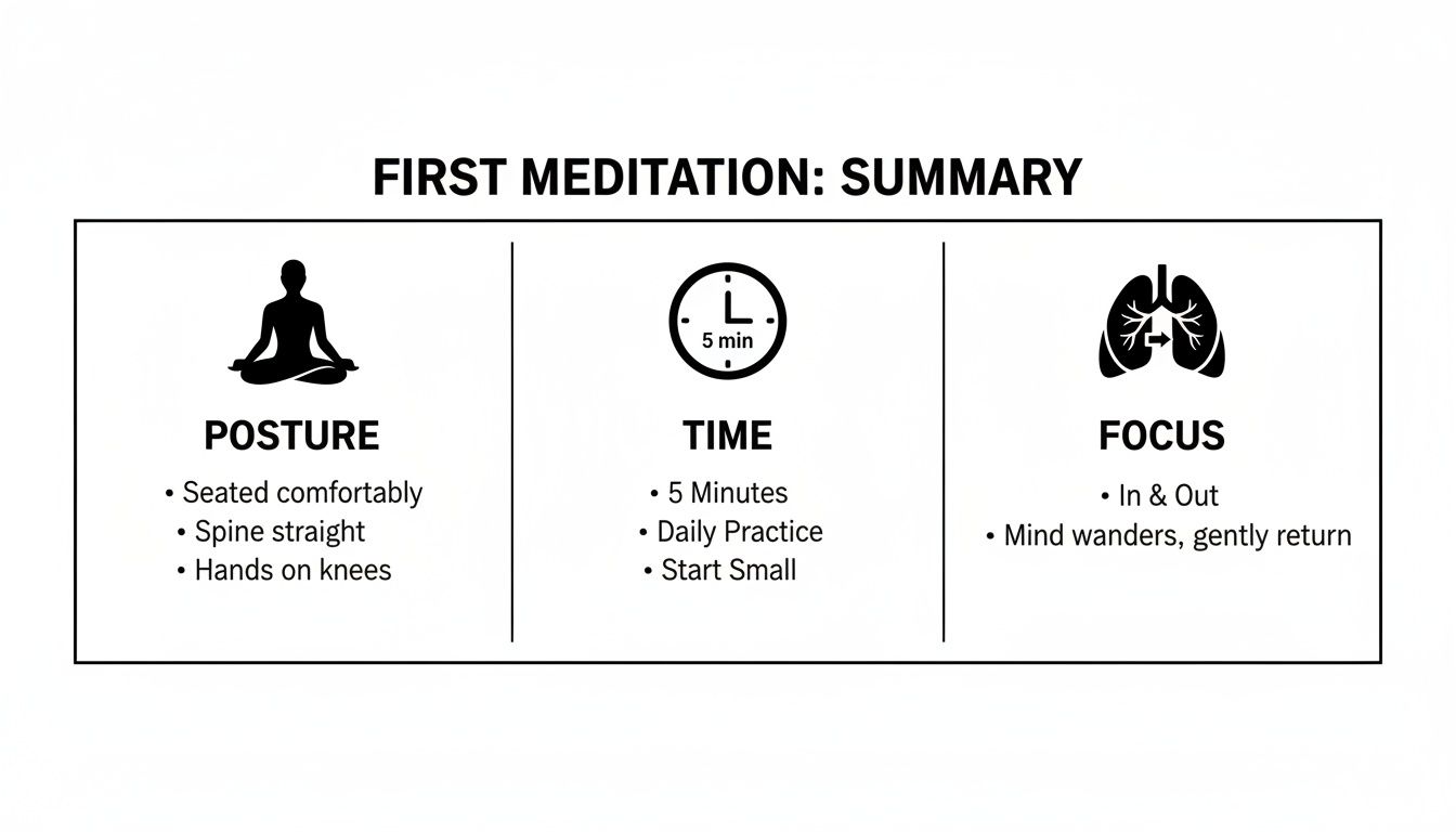 A summary guide for first meditation practice, detailing posture, time, and focus.