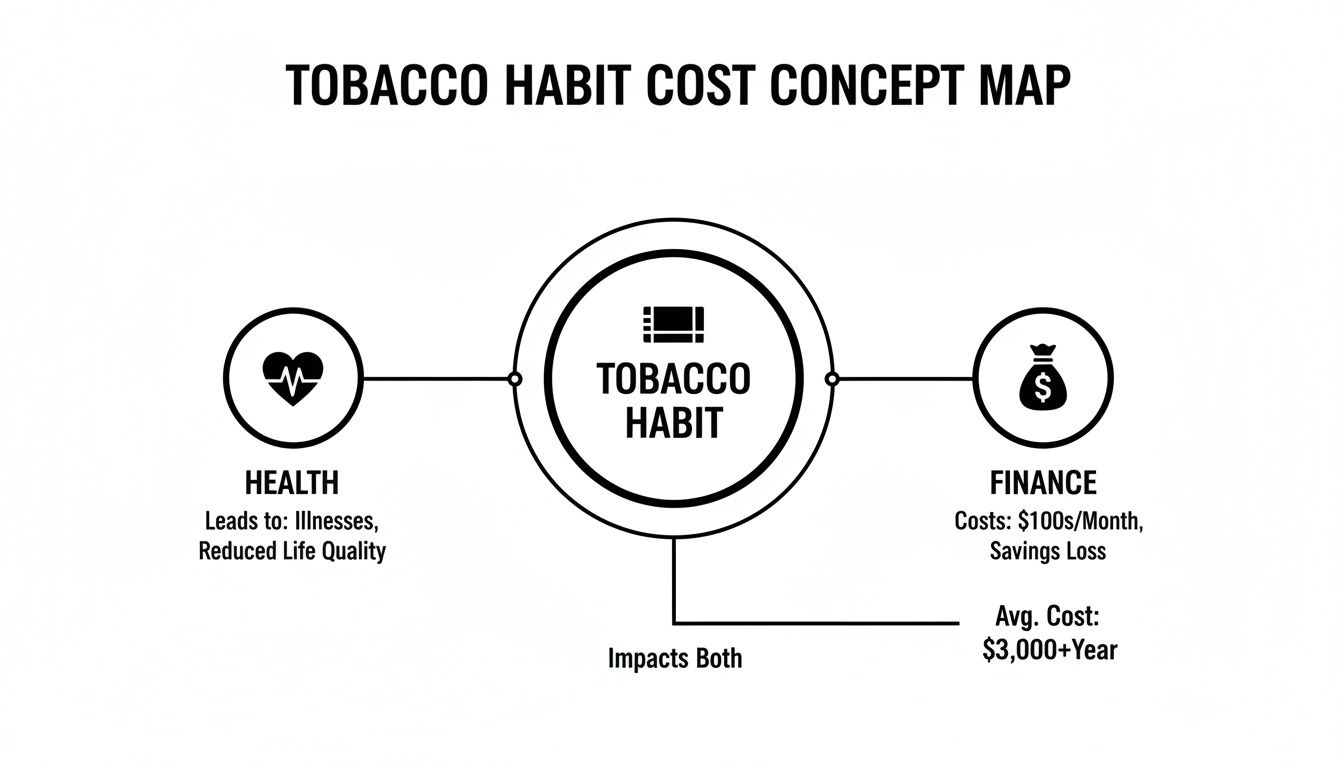 A concept map illustrating the various costs associated with a tobacco habit, including health and financial impacts.