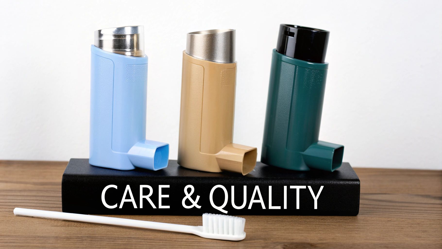 Three colorful asthma inhalers (blue, beige, green) and a toothbrush on a table with 'CARE & QUALITY' text.