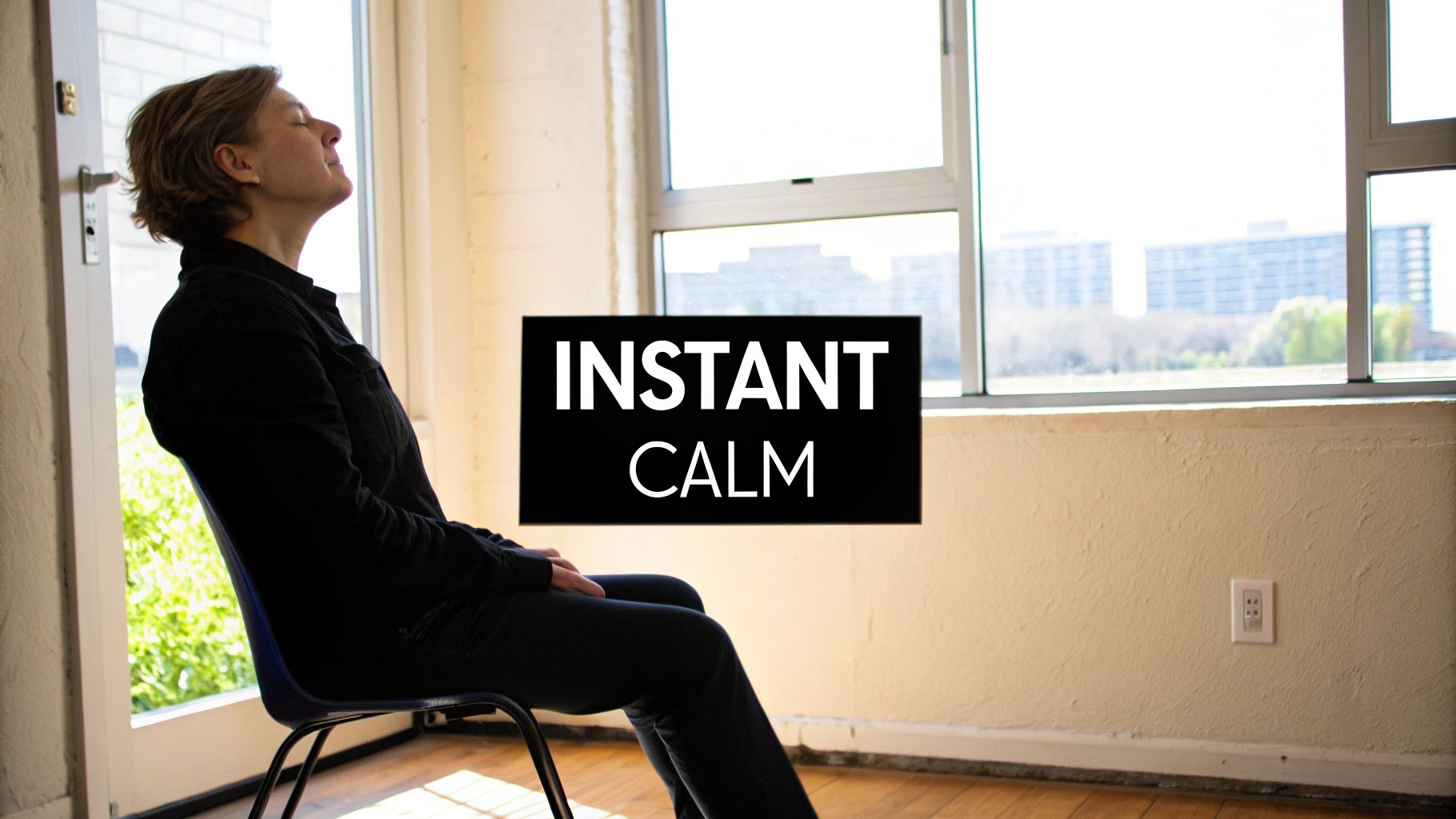 A person sitting calmly, practising a breathing exercise for stress relief.