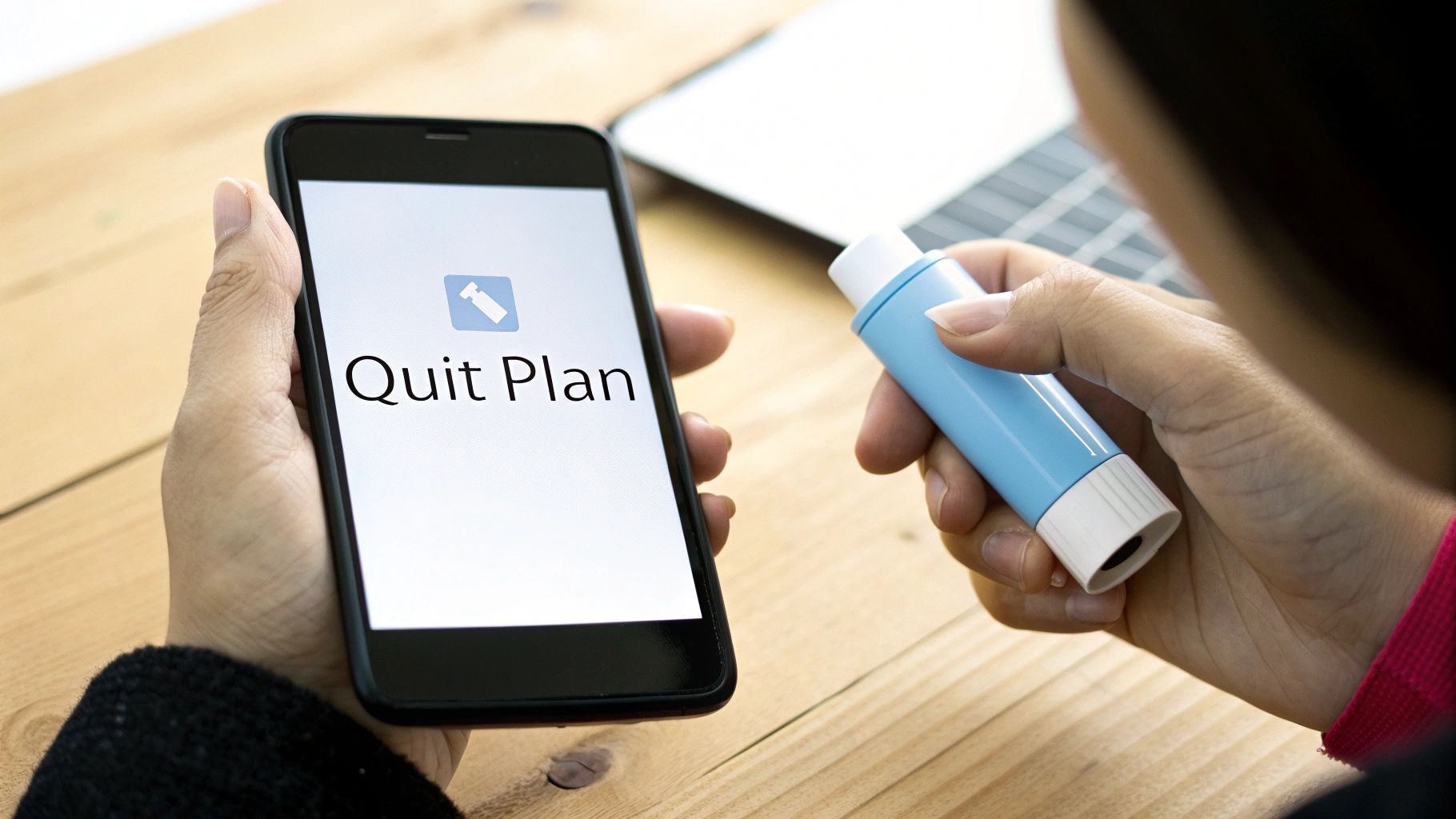 A person mindfully using an inhaler, demonstrating a calm and successful quitting strategy.