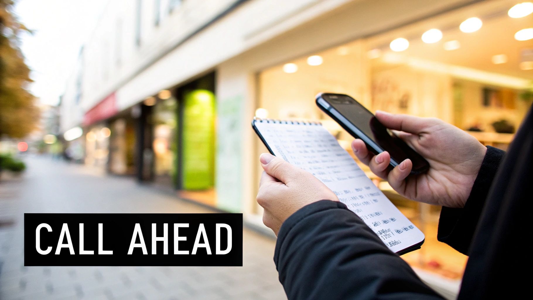 A person holds a smartphone and a notepad on a blurred street with shops, text 'CALL AHEAD'.