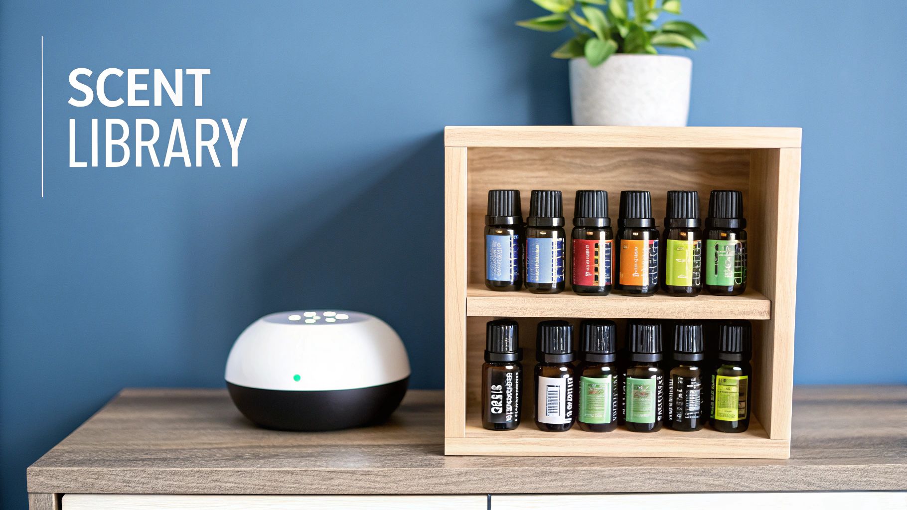 Essential oil bottles displayed on a wooden shelf next to a white diffuser and a plant.