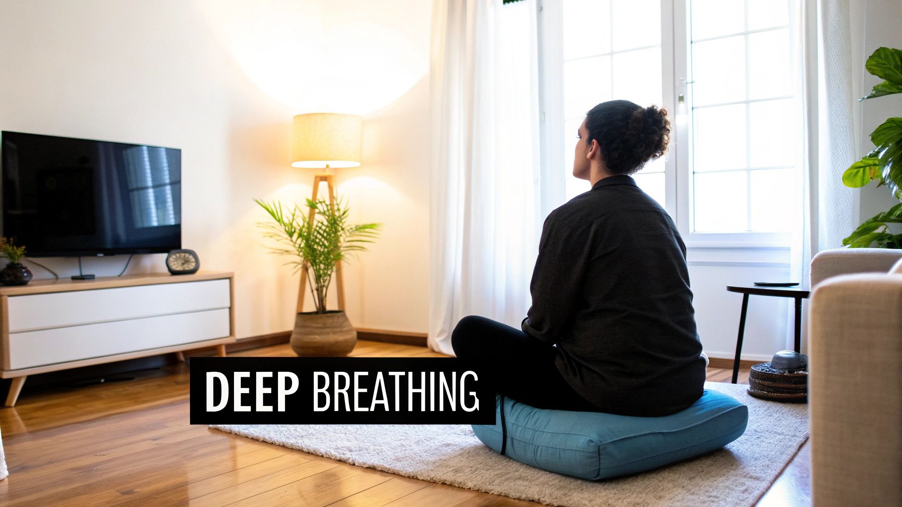 A person sitting peacefully with eyes closed, practising mindful breathing.