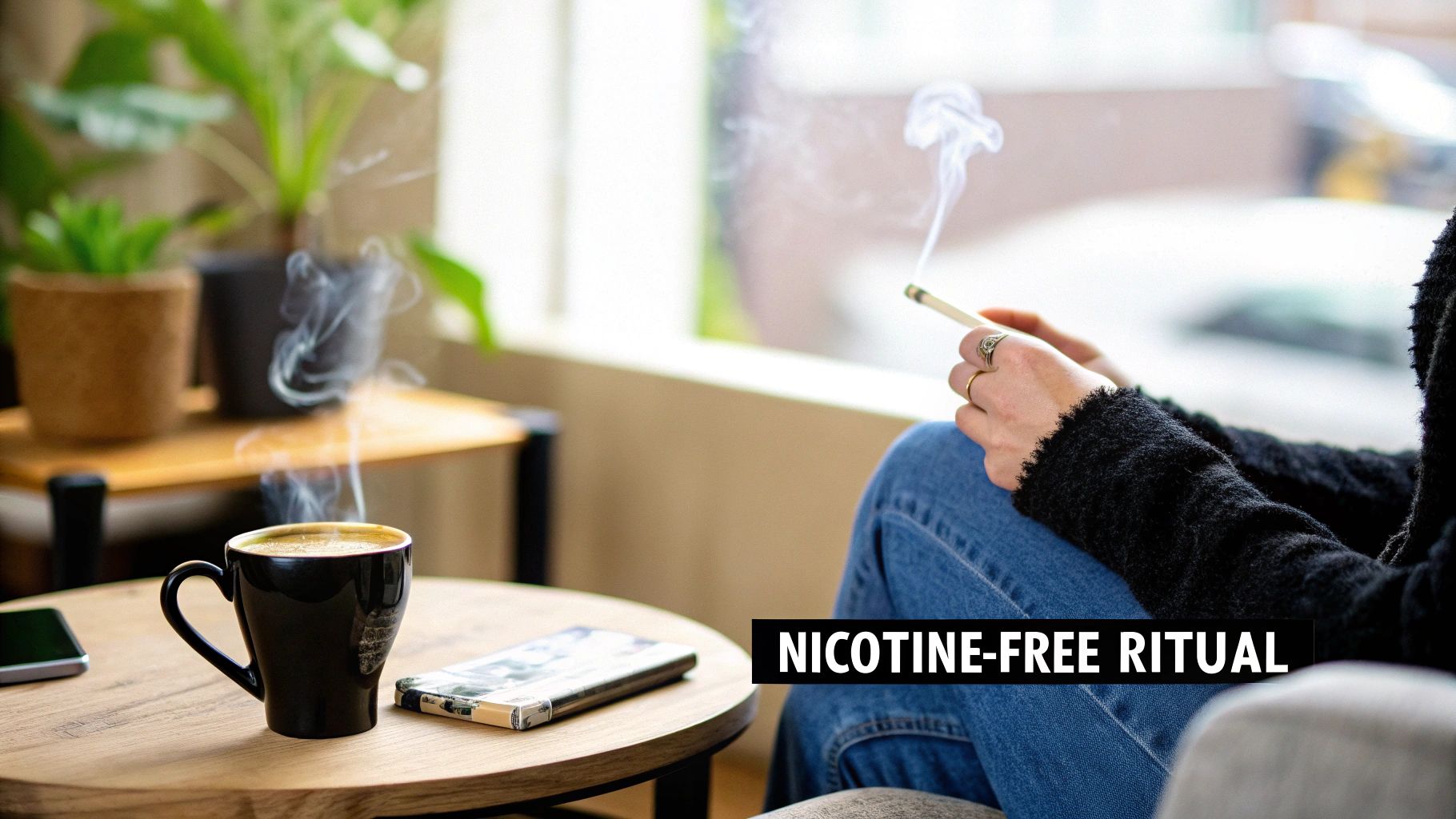 A person holding a lit herbal cigarette with gentle smoke rising from it.