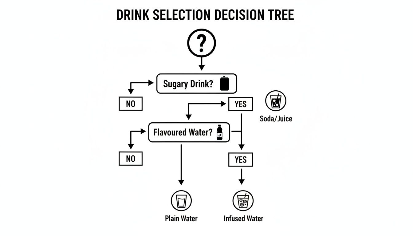 A drink selection decision tree flowchart for choosing between sugary, plain, or infused water.