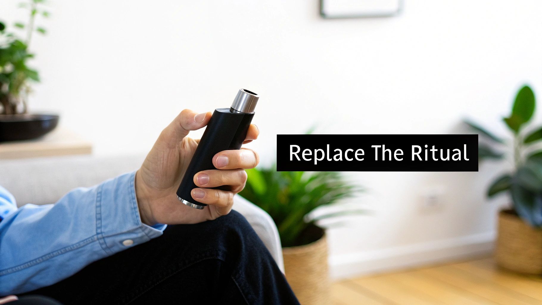 A hand holds a black and silver inhaler or vape device with the text 'Replace The Ritual'.