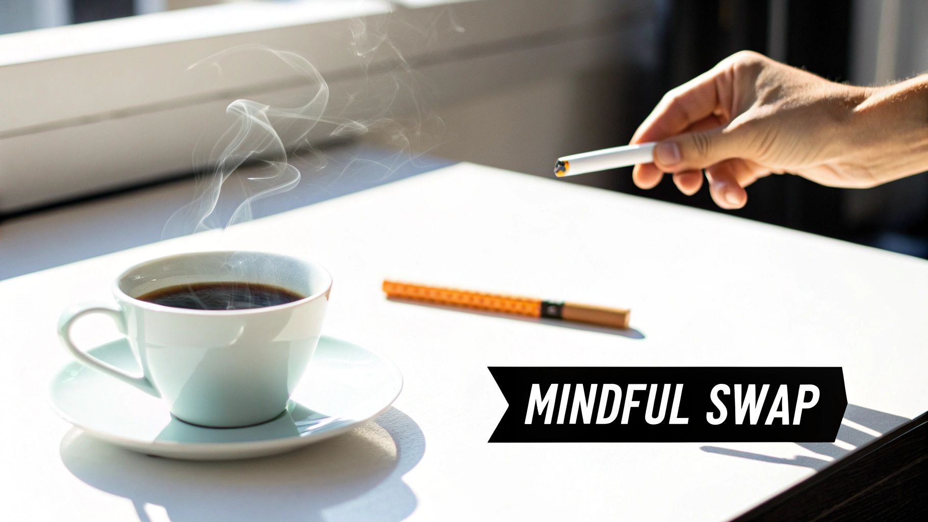 Steaming coffee cup and a hand holding a tobacco heating stick, with 'Mindful Swap' text.