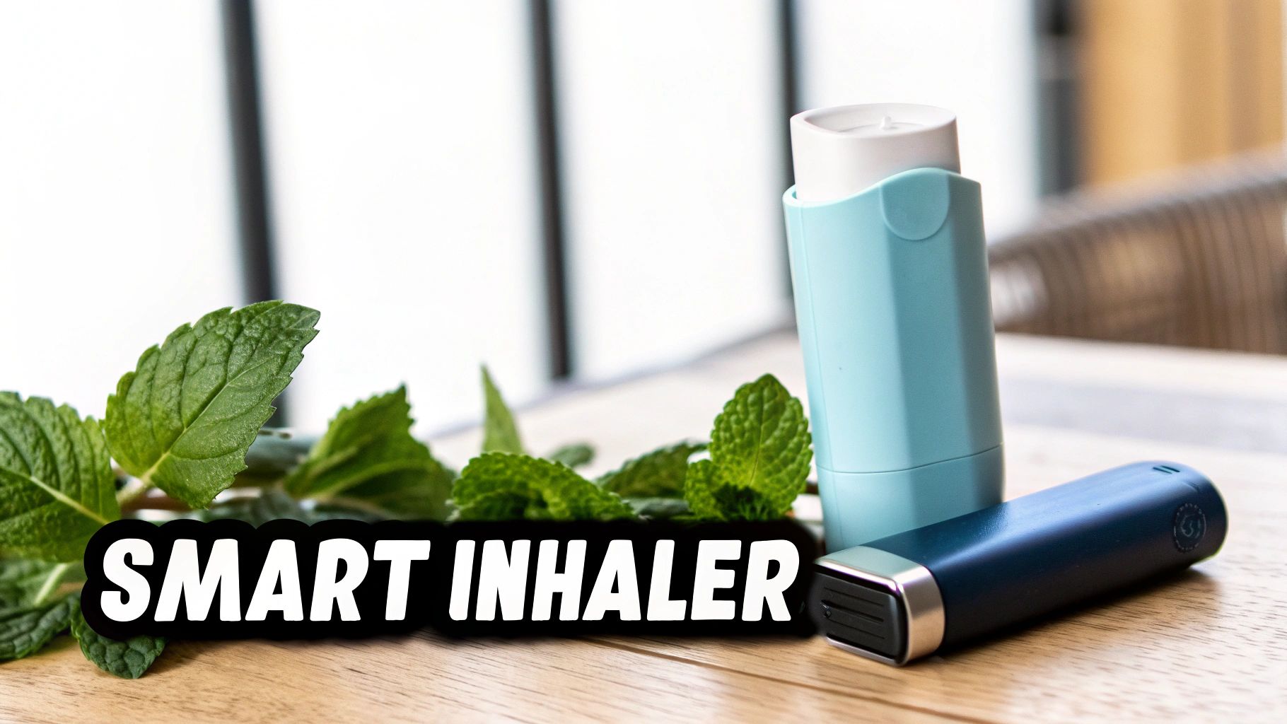 Two smart inhalers, teal and blue, on a wooden table with fresh mint leaves.