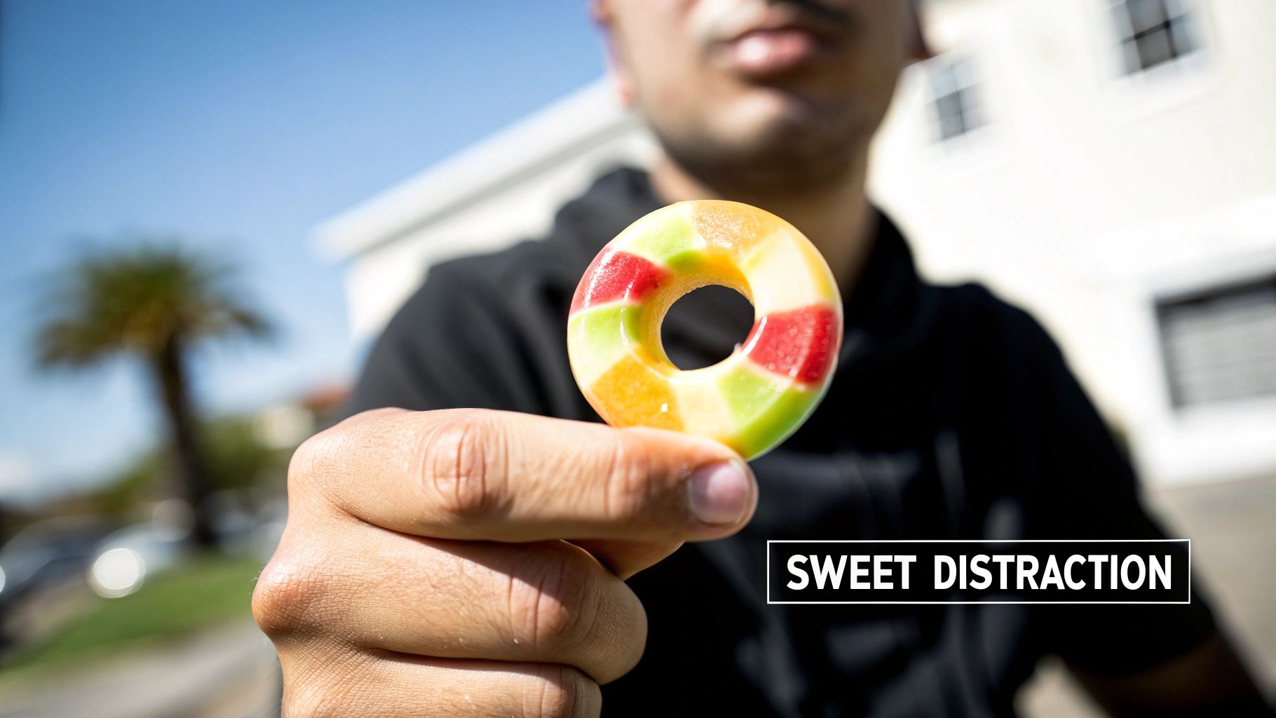 A person holds a vibrant, colorful ring-shaped hard candy in their hand, with a blurred outdoor background.