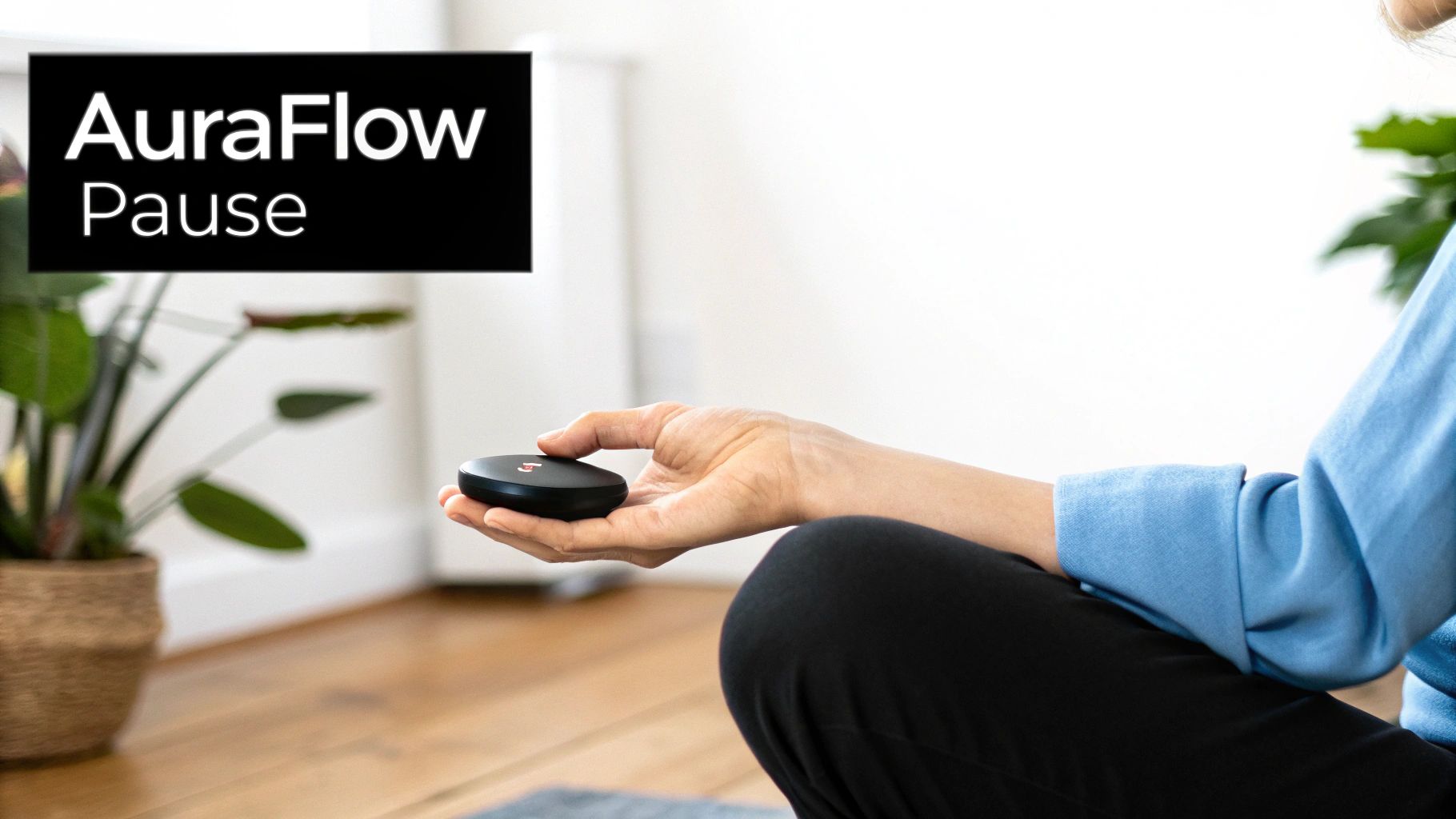 A person holding a black AuraFlow Pause device for meditation or relaxation.