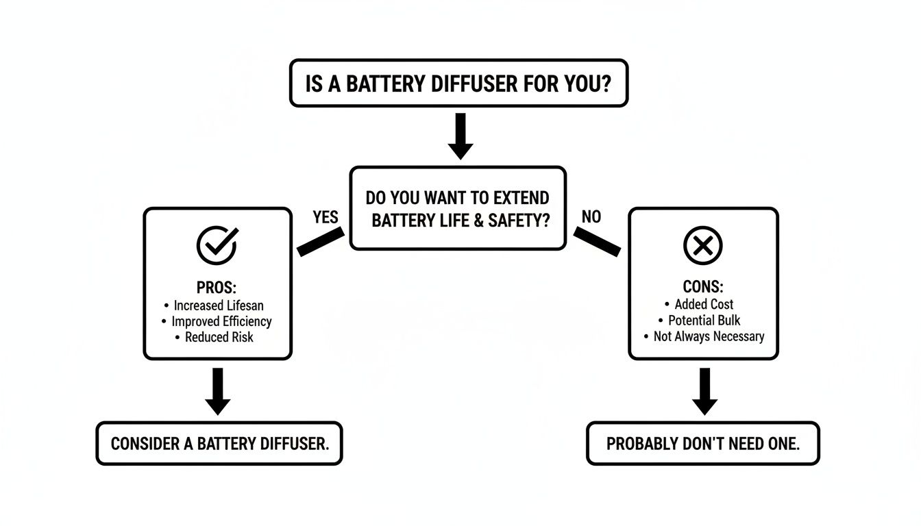 A flowchart detailing the pros and cons of a battery diffuser for extending battery life and safety.