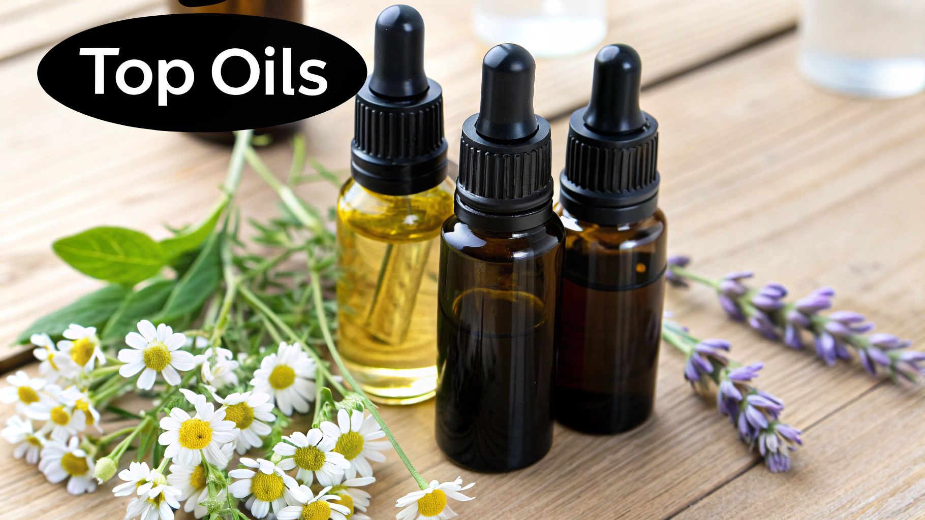A collection of different essential oil bottles with fresh herbs and flowers.