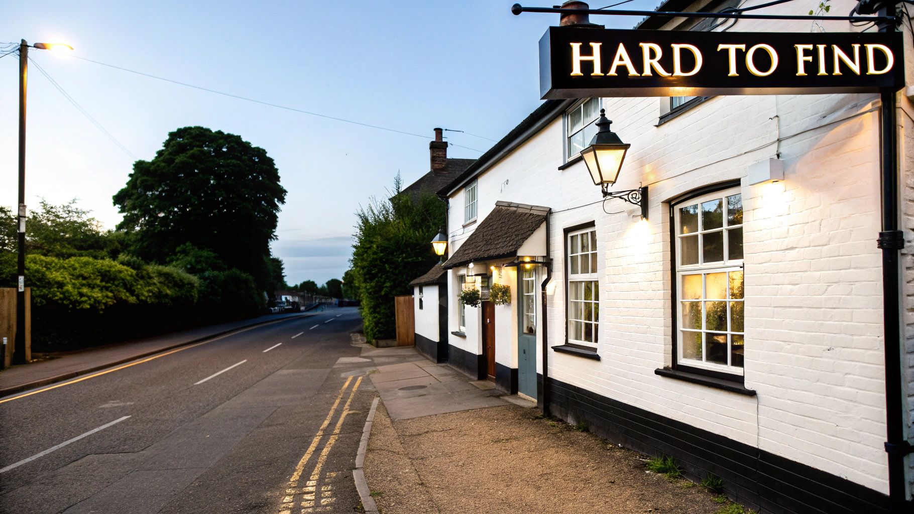 A charming white pub named 'Hard to Find' with an illuminated sign and lanterns at dusk.