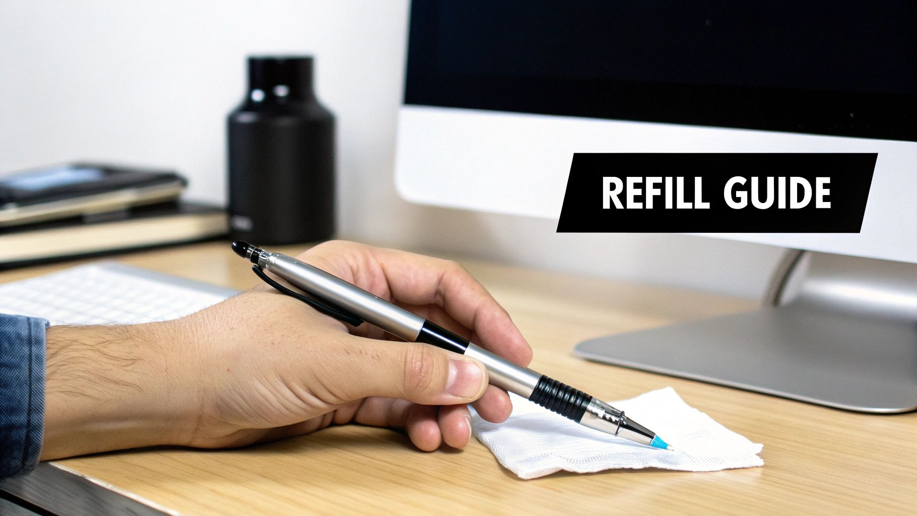 A hand holds a silver pen with a blue tip over a white cloth, with a computer monitor and 'REFILL GUIDE' overlay.