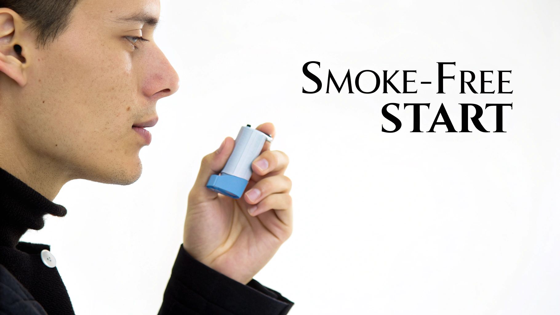 A man holds an inhaler to his mouth, with 'SMOKE-FREE START' text on a white background.