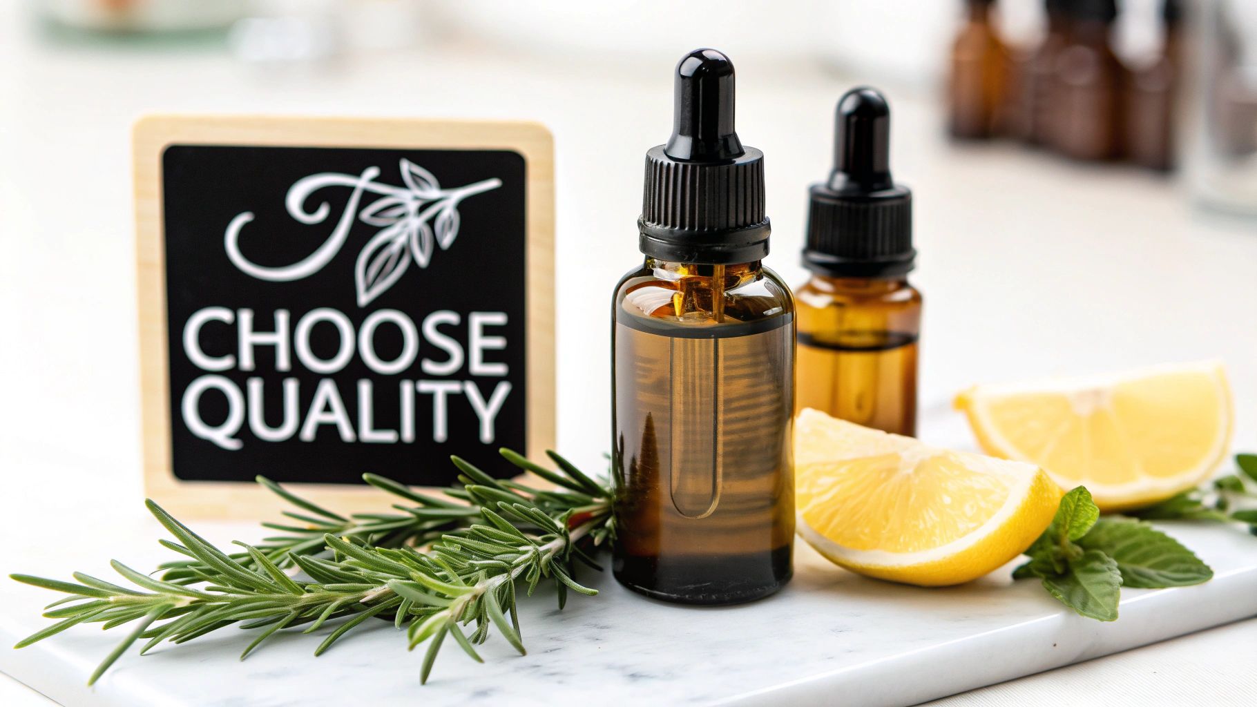 Amber essential oil bottles with fresh lemon, rosemary, and a 'Choose Quality' sign.