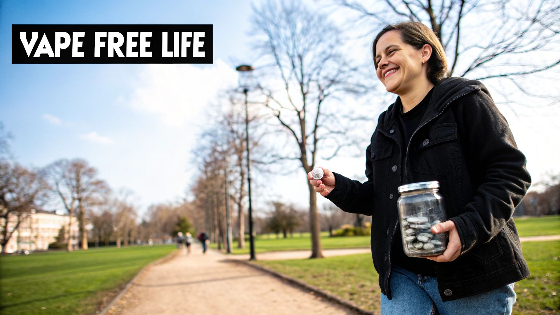 A smiling person in a park holding a jar filled with tokens, promoting a vape-free life.