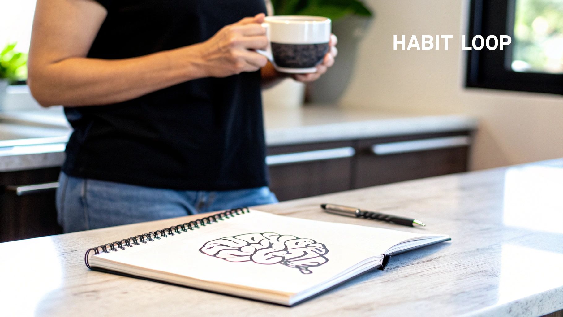 A person holds a coffee mug, standing over a notebook with a brain drawing and 'HABIT LOOP' text.