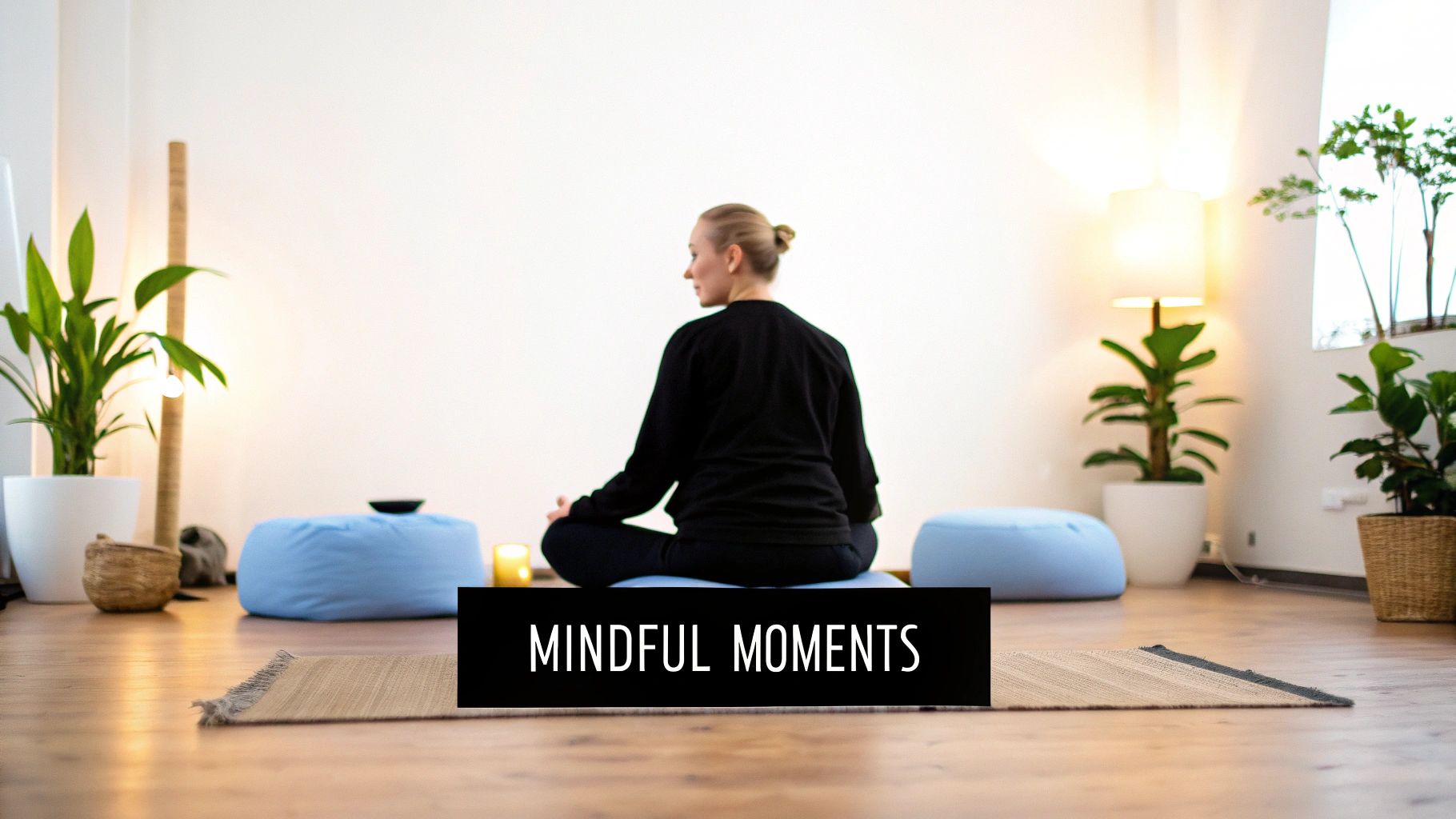 A person sitting in a calm setting, practising a deep breathing exercise.