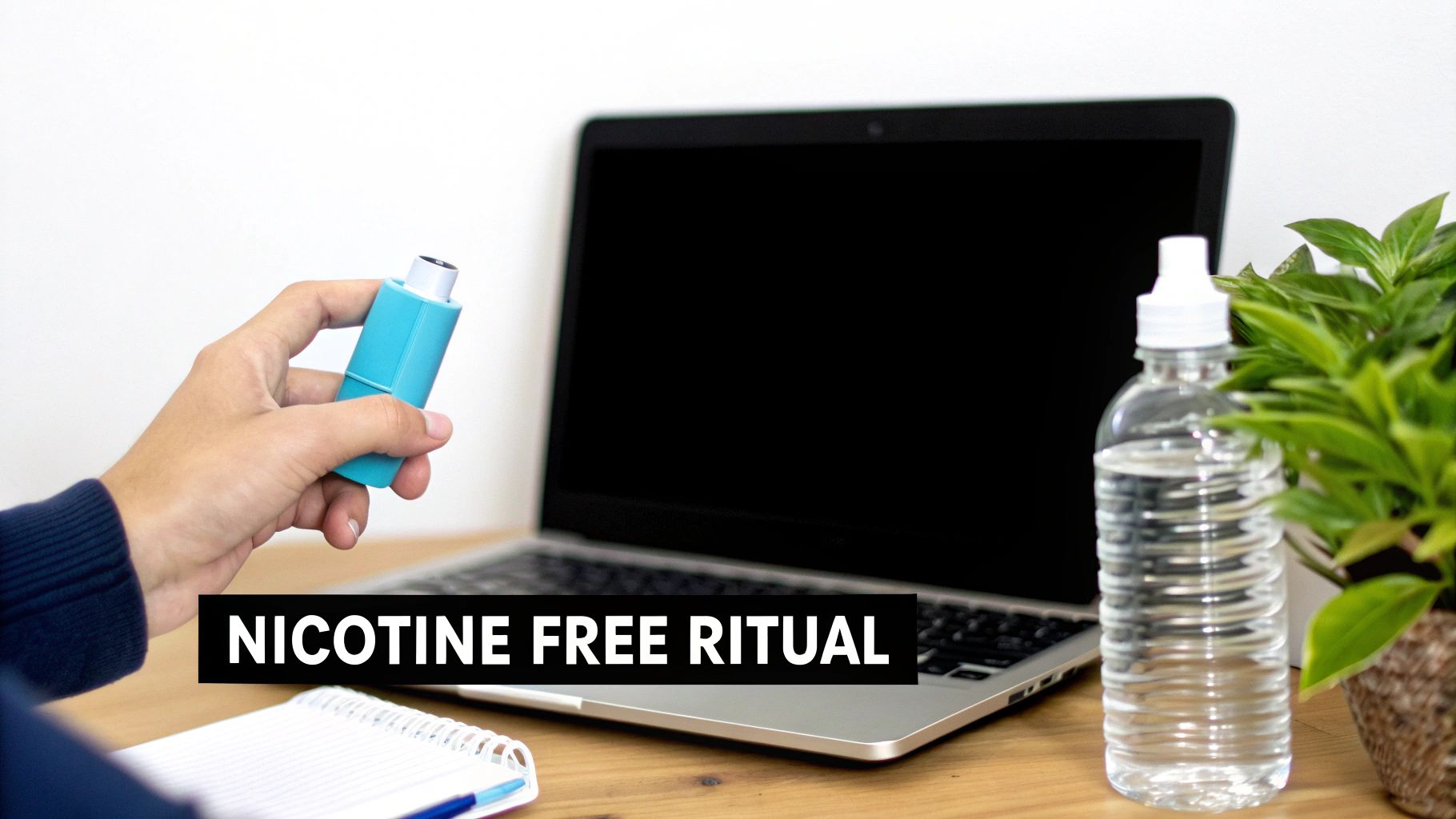 A person holds a sleek, nicotine-free inhaler, bringing it towards their mouth in a calm, mindful motion, with soft, natural light in the background.