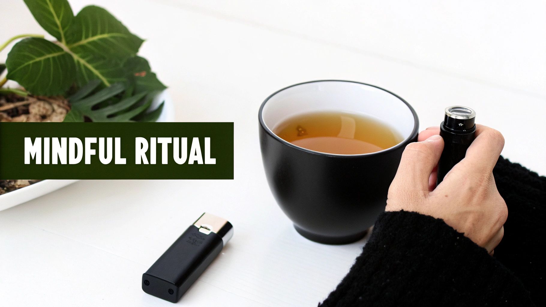 Hand holding a black vape next to a tea cup, another device and plant in a mindful ritual.