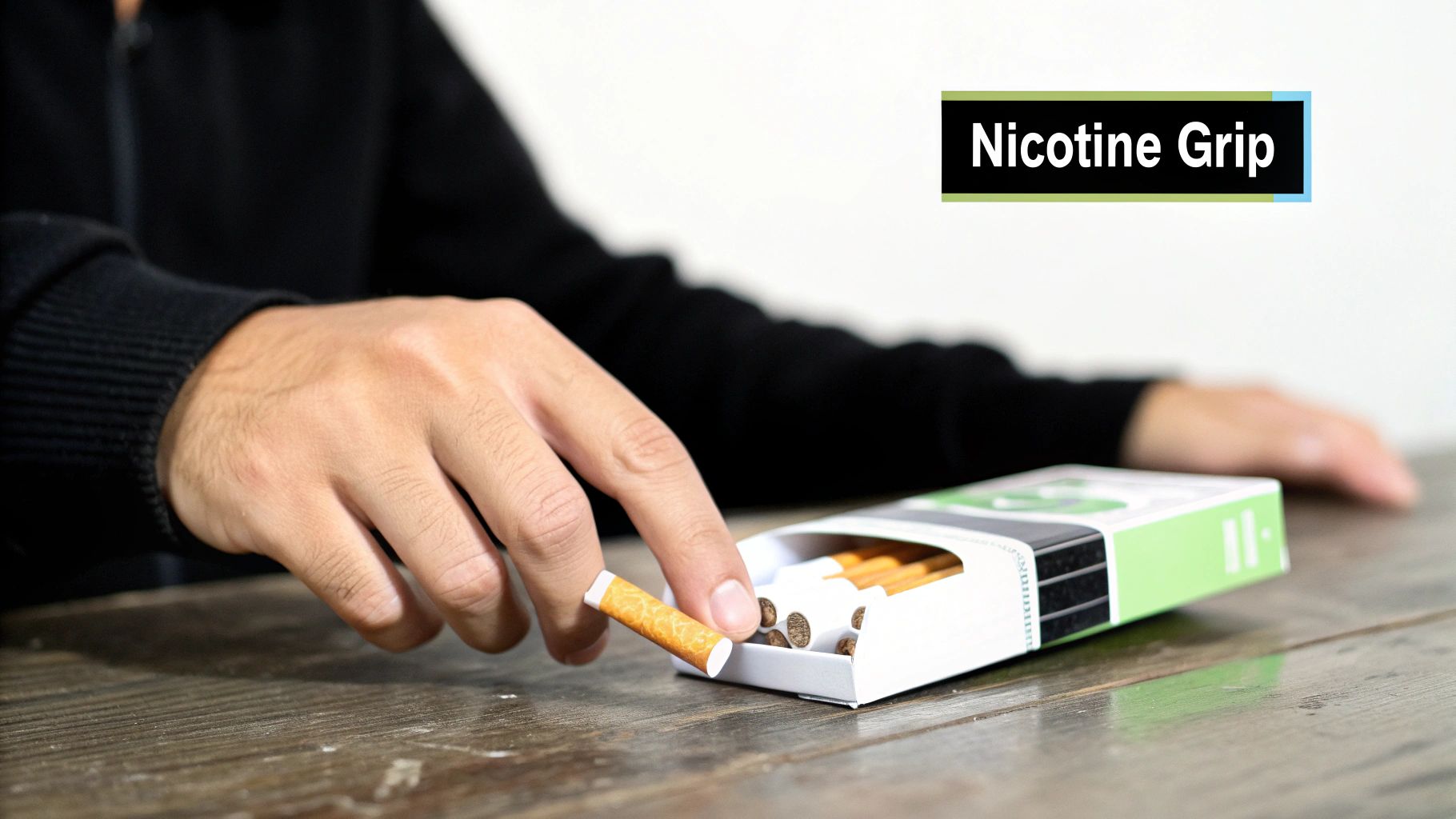 A person holding a lit cigarette between their fingers, with smoke curling upwards.