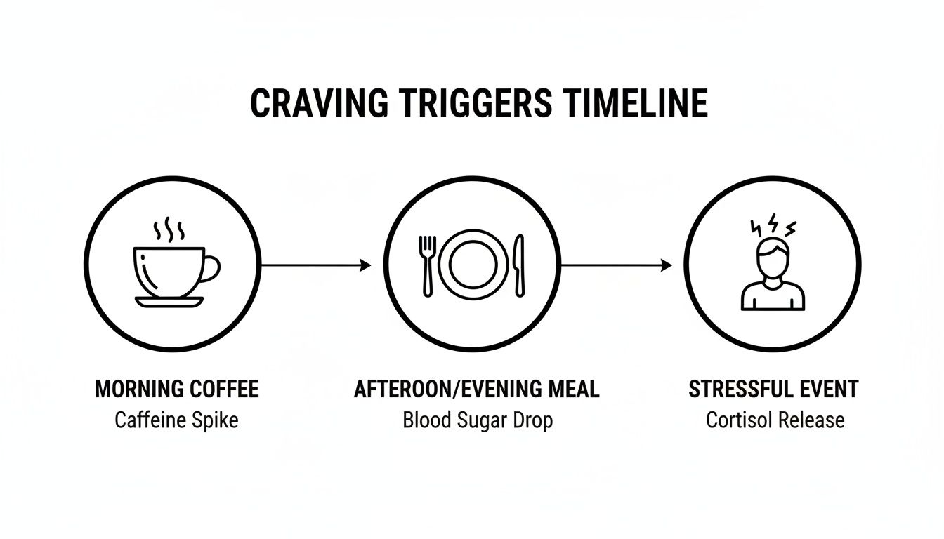 Timeline illustrating common craving triggers: morning coffee, afternoon meal, and stressful events.
