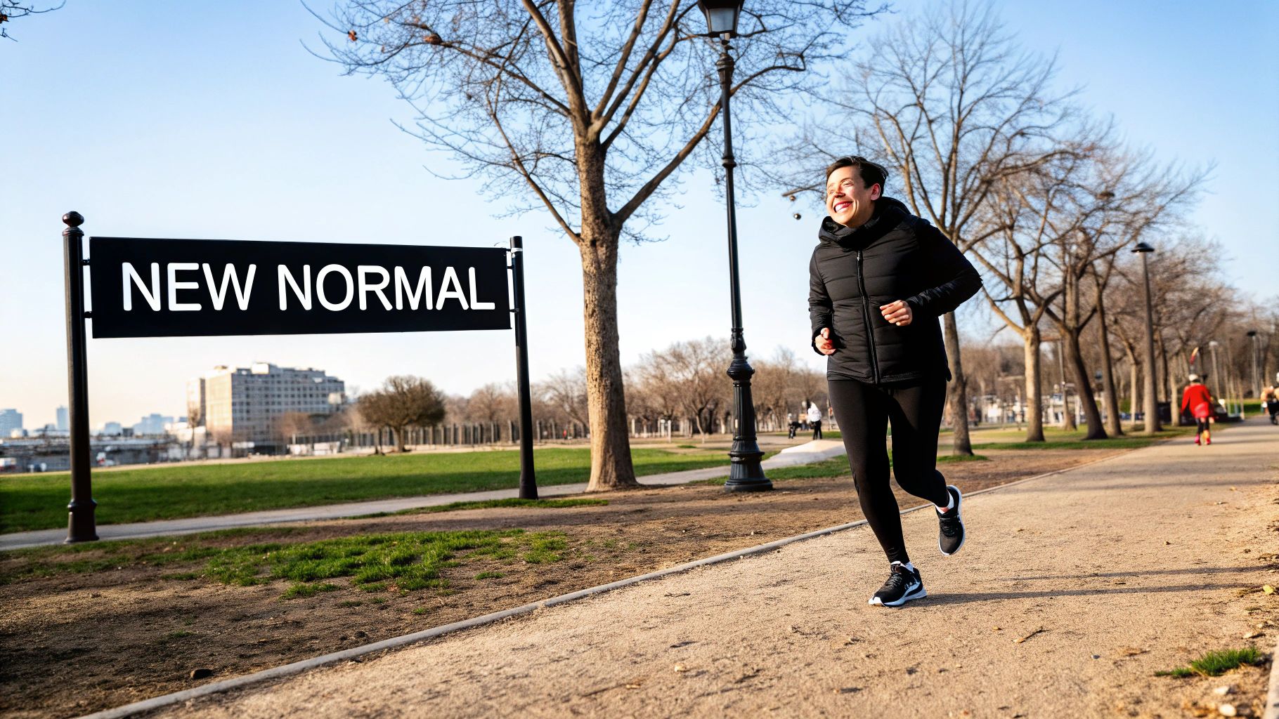 Woman jogging outdoors in park during new normal lifestyle with positive attitude and smile