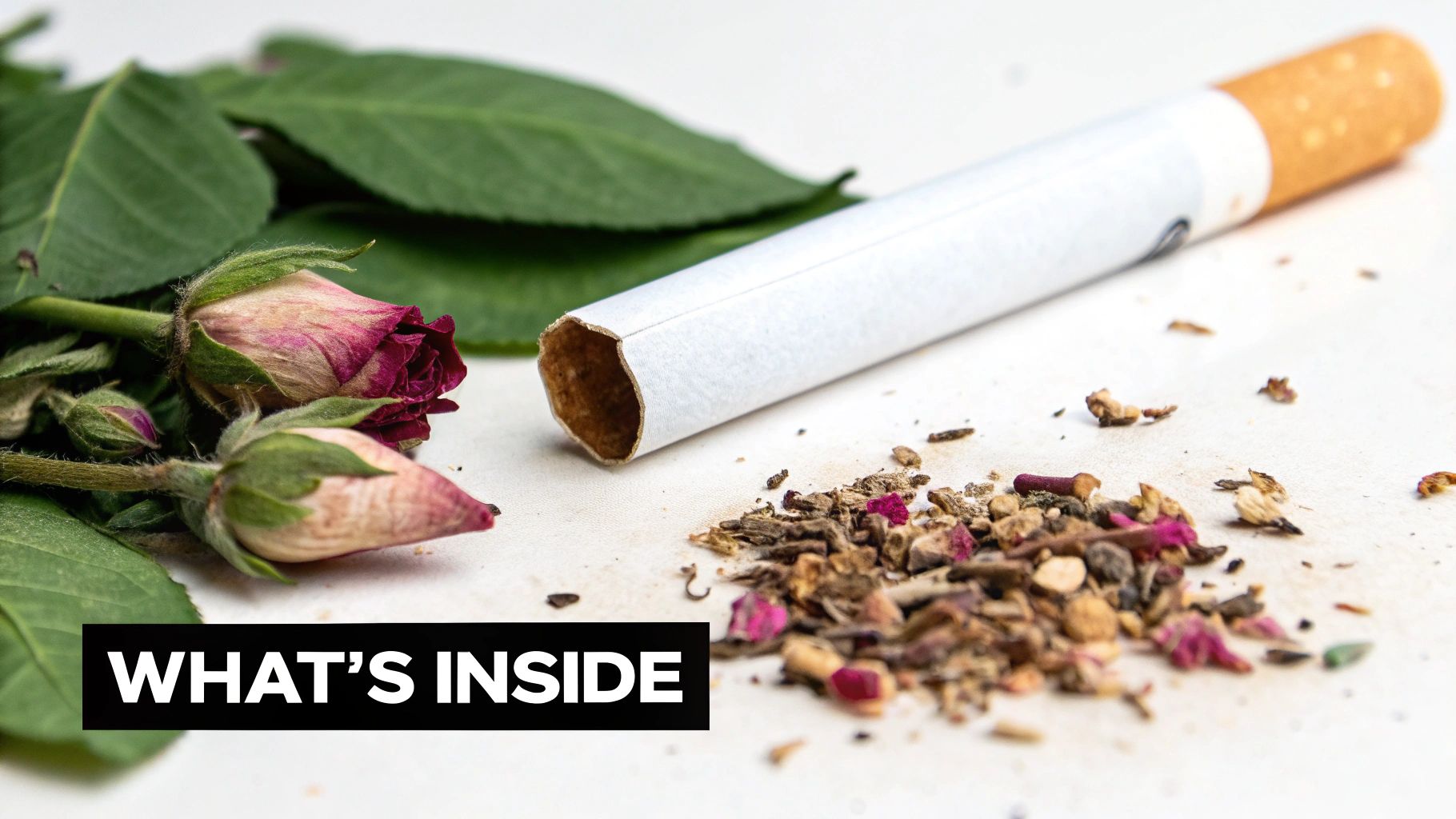 Assorted dried herbs and flowers laid out on a dark surface, representing ingredients in herbal cigarettes