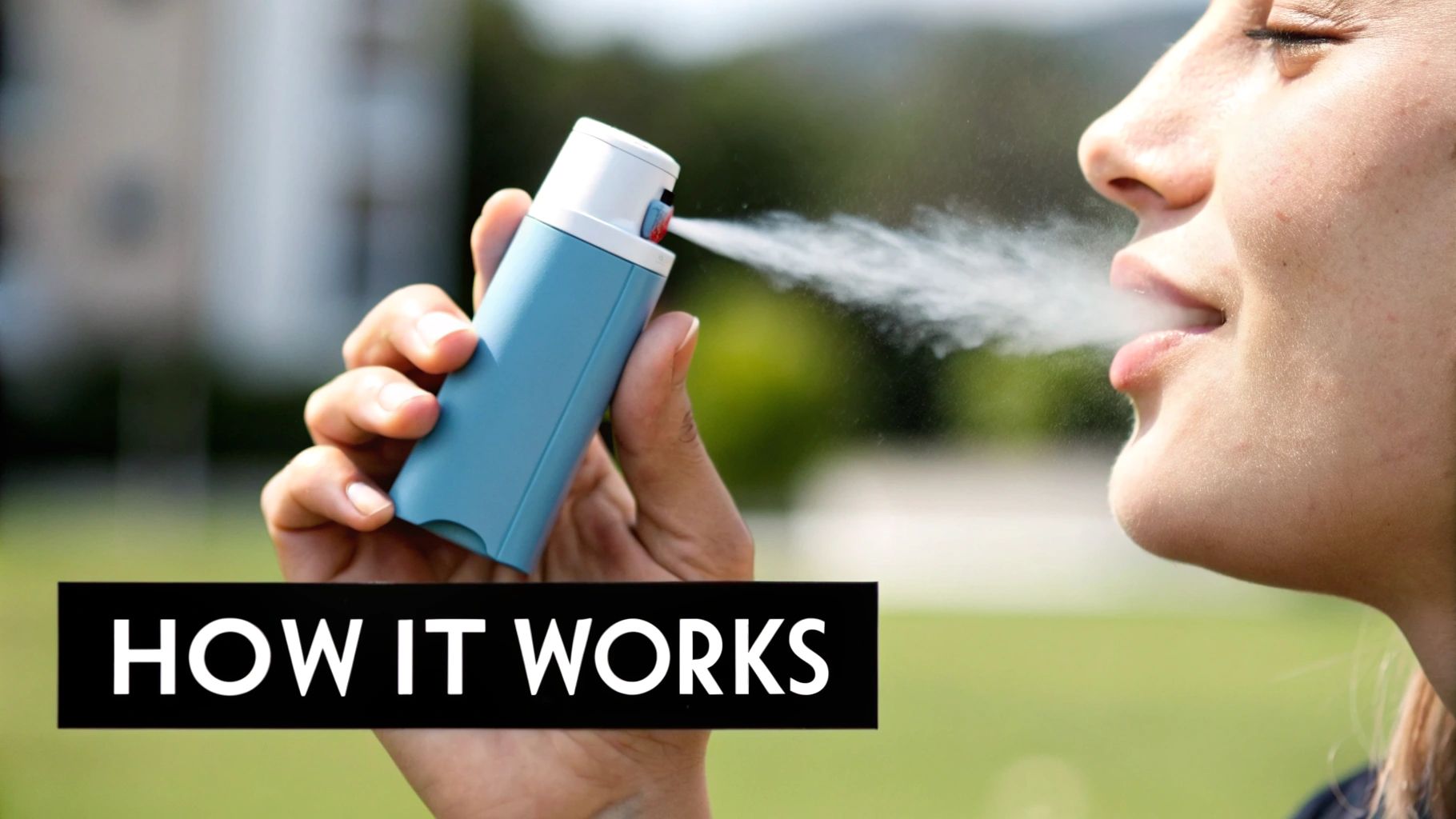 A person uses a light blue inhaler, releasing a spray of medicine towards their mouth outdoors.