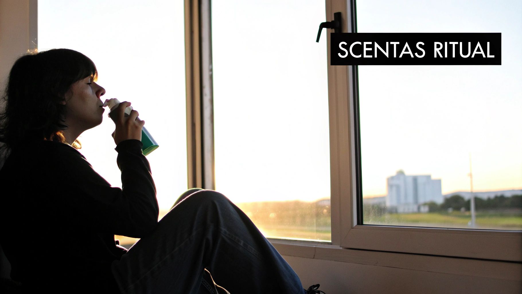 Person in silhouette performs a personal ritual, inhaling from a bottle by a sunlit window.