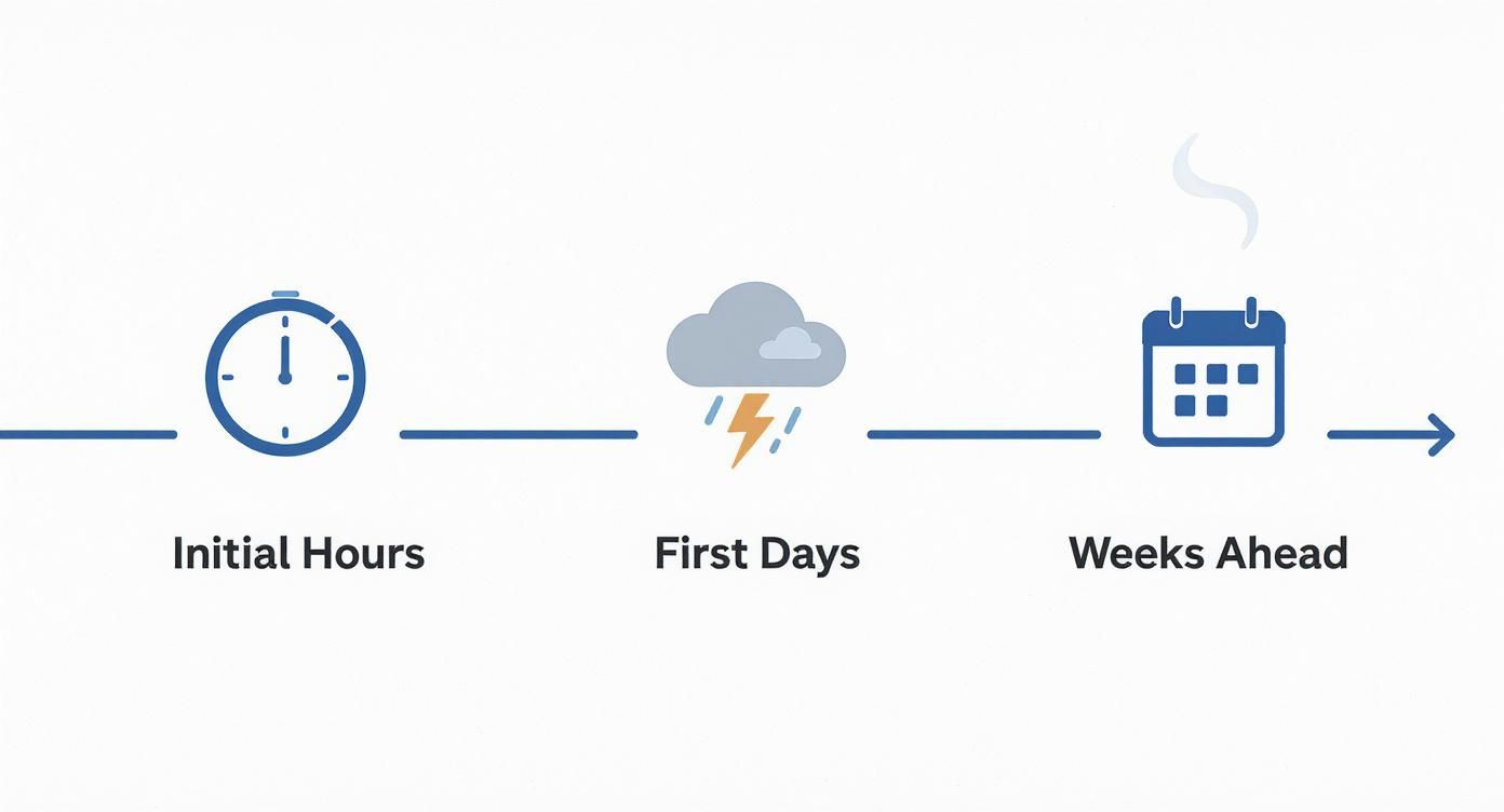 Timeline infographic showing three stages: initial hours with clock, first days with storm cloud, weeks ahead with calendar